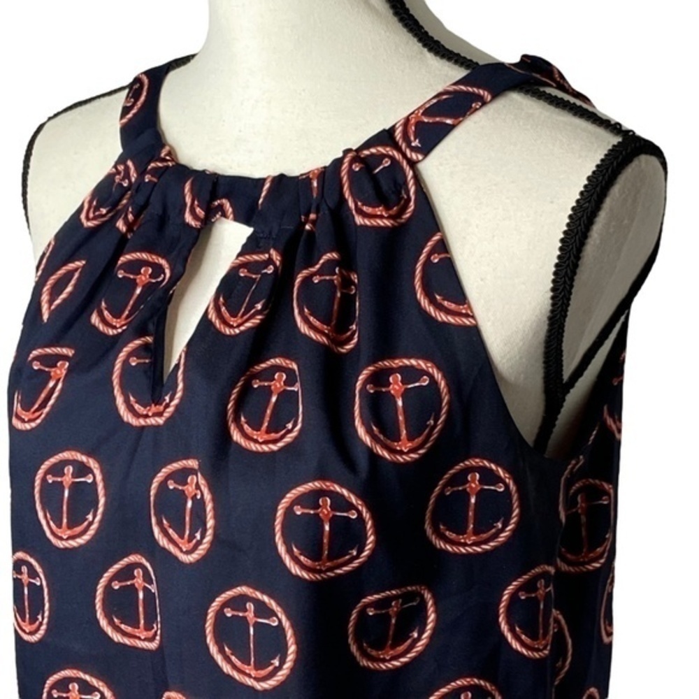 Outback Red Top Nautical Anchor Print Keyhole‎ Tie Neck Sleeveless Blouse Size S - Picture 4 of 13